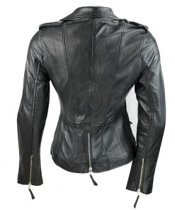 Zip Buckle Biker Leather Jacket For Women Back Black