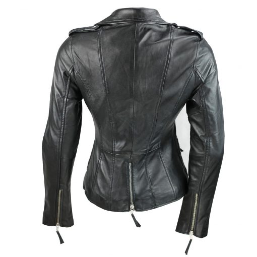 Zip Buckle Biker Leather Jacket For Women Back Black