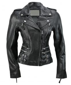 Zip Buckle Biker Leather Jacket For Women Black