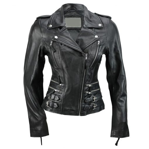 Zip Buckle Biker Leather Jacket For Women Black