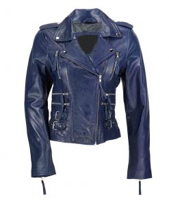 Zip Buckle Biker Leather Jacket For Women Blue