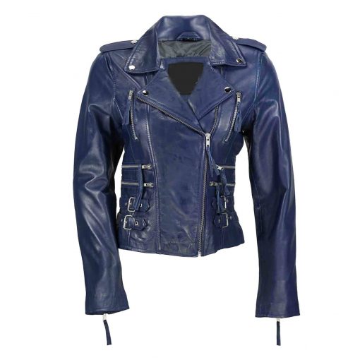 Zip Buckle Biker Leather Jacket For Women Blue
