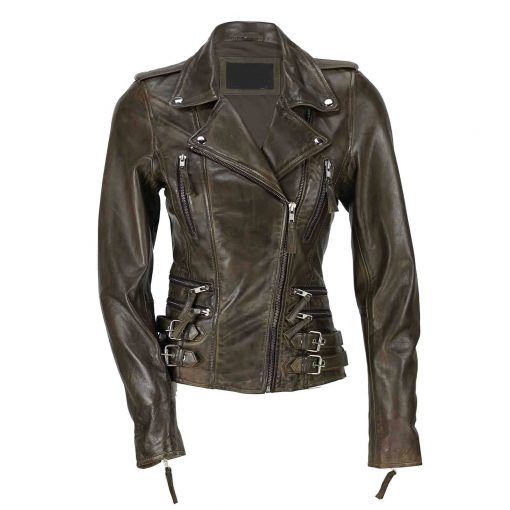 Zip Buckle Biker Leather Jacket For Women Brown