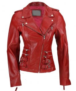 Zip Buckle Biker Leather Jacket For Women Red