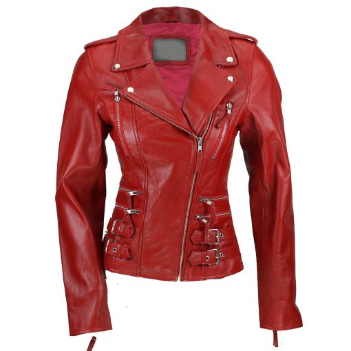 Zip Buckle Biker Leather Jacket For Women Red
