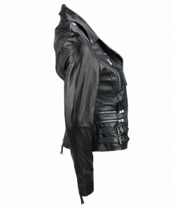 Zip Buckle Biker Leather Jacket For Women Side Black