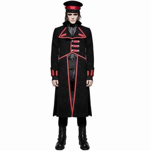 Military Long Coat Jacket Black Red Goth Steampunk Regency Aristoc Front Model