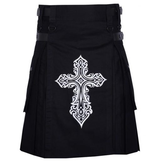 Celtic Sword Embroidery Pattern Black Cotton Utility Kilt For Men Rebelsmarket 1