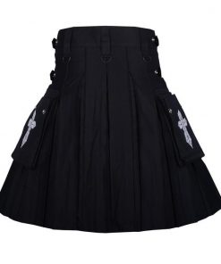 Celtic Sword Embroidery Pattern Black Cotton Utility Kilt For Men Rebelsmarket 2
