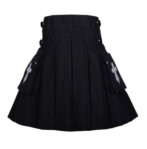 Celtic Sword Embroidery Pattern Black Cotton Utility Kilt For Men Rebelsmarket 2