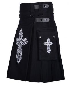Celtic Sword Embroidery Pattern Black Cotton Utility Kilt For Men Rebelsmarket
