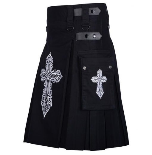 Celtic Sword Embroidery Pattern Black Cotton Utility Kilt For Men Rebelsmarket