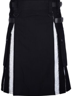 Modern Hybrid Black Cotton Gothic Kilt With White Brocade Under Pleats