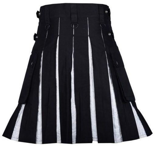 Modern Hybrid Black Cotton Gothic Kilt With White Brocade Under Pleats2