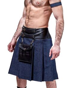 Fashion Denim Leather Pocket Kilt