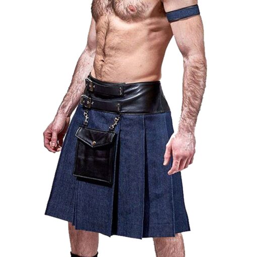 Fashion Denim Leather Pocket Kilt