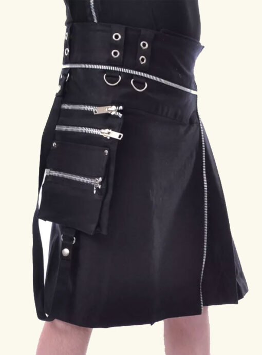 Black Gothic Zipper Utility Kilt For Active Men