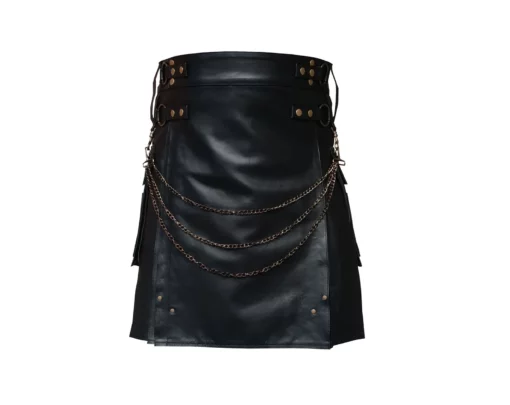 Genuine Black Leather Kilt With Stainless Steel Chain